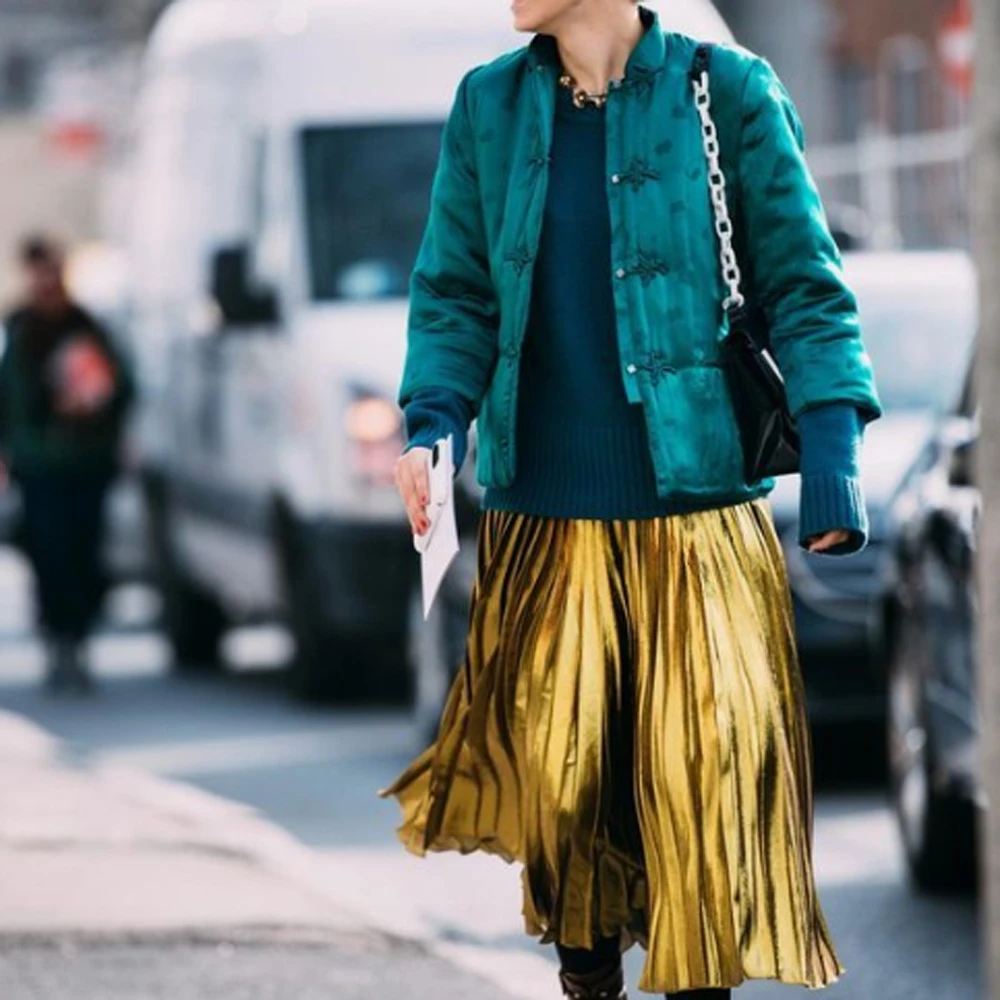 

Women Solid color Pleated Retro High Waist Elastic Waist Skirt Fashion Long Maxi Beach Evening Party Club wear Skirt