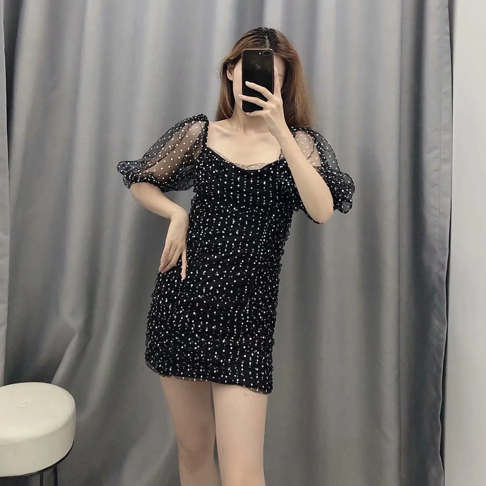 

Europe And America WOMEN'S Dress Versitile Fashion Polka Dot Printed Silk Net Puff Sleeve da fang ling Dress Flounced Pleated Sh
