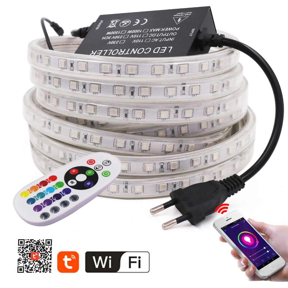 

SMD 5050 110V 220V LED Strip Tuya WiFi Controller Flexible LED Light 60LEDs/m Waterproof IP67 Led Tape Light With Power Plug