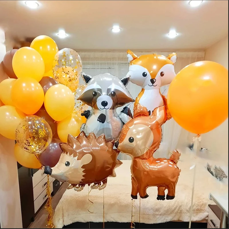 Fox Hedgehog Raccoon Deer Animal Foil Balloons Birthday Woodland Forest Theme Party Decor Retro Brown Latex Balloon Baby Shower | Дом и сад