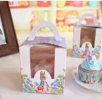 

20pcs Cute Rabbit Printed Cupcake Box with Handle Birthday Party Cup Cake Boxes Packaging for Cupcake Wedding Cake Box