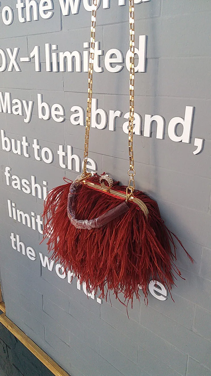 2022 Luxury Ostrich Feather Party Evening Clutch Bag Women Wedding Purses and Handbags Small Shoulder Chain Bag Designer Bag