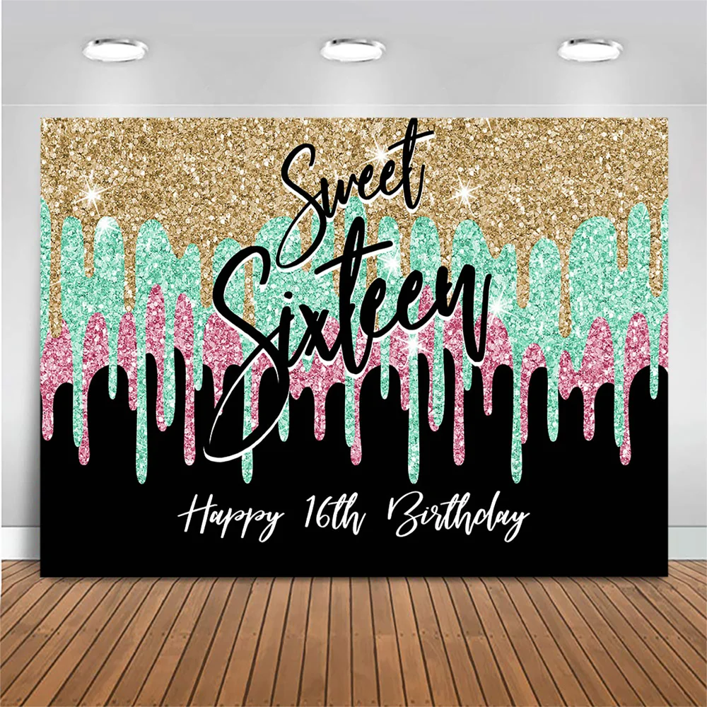 Mocsicka Glitter Sweet 16 Backdrop Girl 16th Birthday Party Photo Background High Heels Diamond Decoration Photography Backdrops