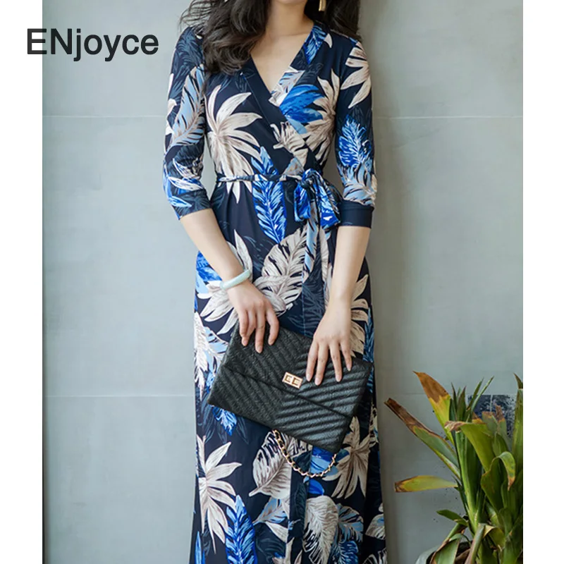 

Luxury Leaf Printed Maxi Dress Women Retro Blue Short Sleeve High Waist Wrap Skirt Ladies Elastic Slim Split Beach Long Dresses