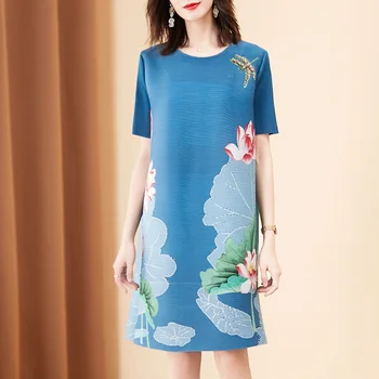 

Chinese Retro Print Dress Summer New Short Sleeve Loose Belly Covering Large Nail Bead Dress