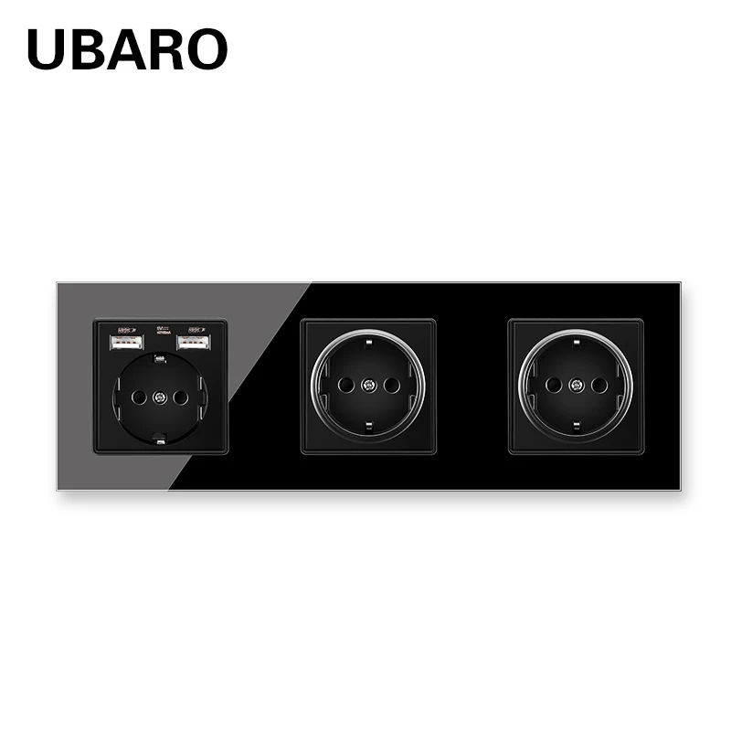 

UBARO 258*86mm German Standard Crystal Tempered Glass Wall Tomada Usb Parede Socket Enchufe Pared Gniazdo Sockets AC100-250V