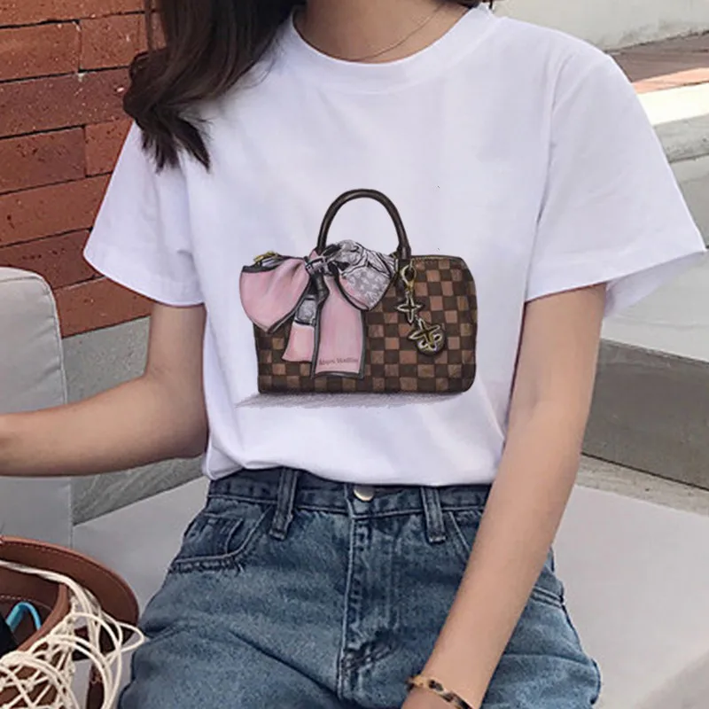 Новая модная сумка и с изображением собаки, футболки Harajuku Для женщин Модная футболка с О-образным вырезом с короткими рукавами, белые женские рубашки-топы Костюмы