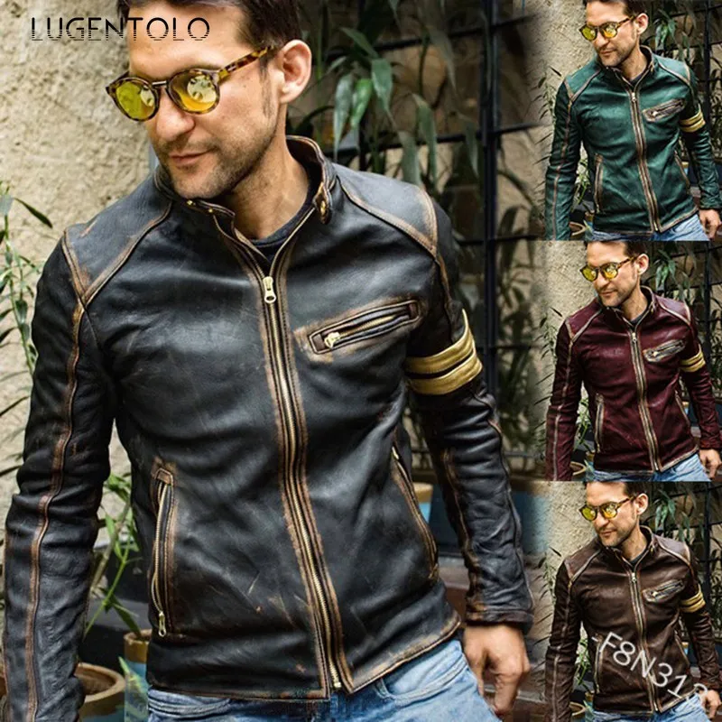 Lugentolo Men Moto Faux Leather Autumn Winter Jacket Fashion Slim Stand Collar Zipper Long Sleeve Casual Men's Jackets |