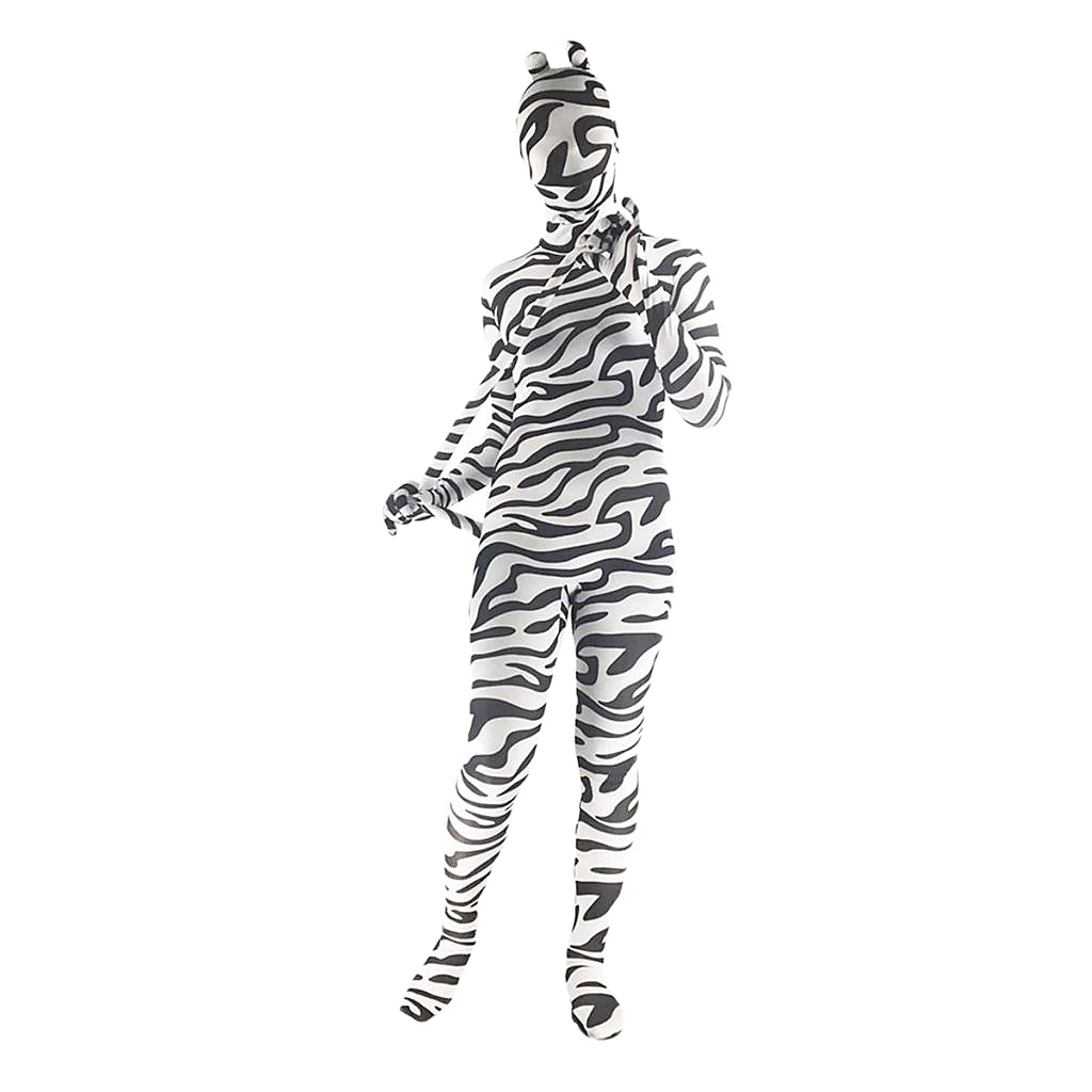 Full Body Zebra Bodysuit With Tail Ears Spandex Unitard Costume Outfit S-3XL