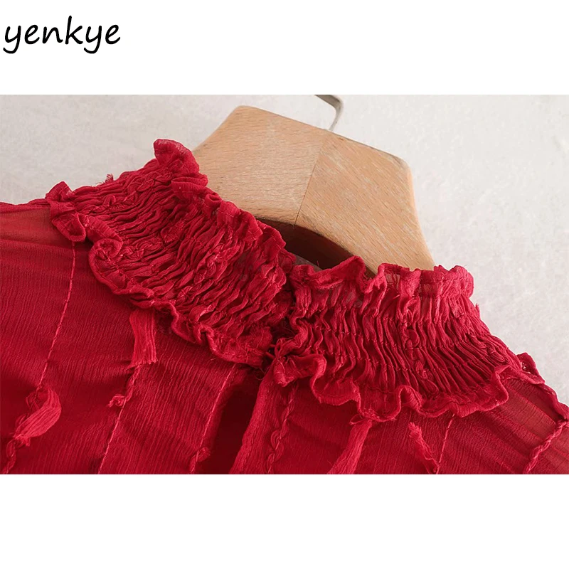 Женская красная блуза с бахромой и высоким воротником и длинным рукавом, модные топы DWDD87164