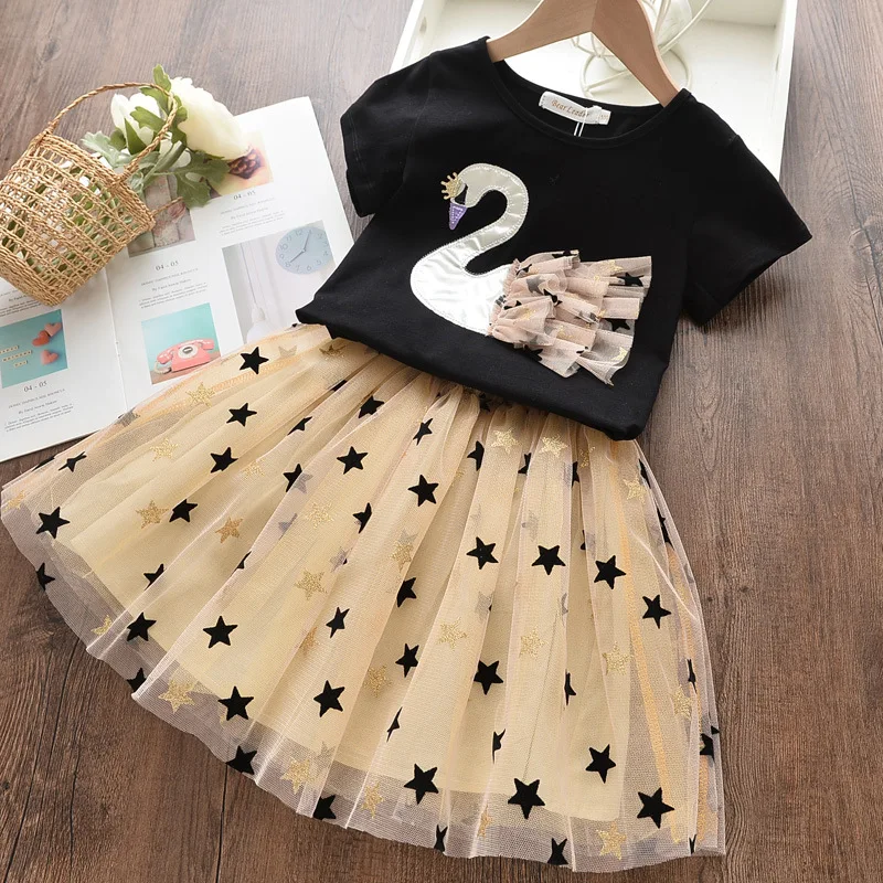 Kids Clothing Set Girls Clothing Set Swan T-Shirt + Star Mesh 2Pcs Suit 2 Colors