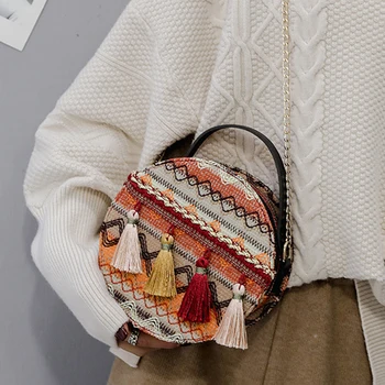 

Tassel Vitange Ethnic Women Circle Crossbody Shoulder Bag Women Summer Holiday Travel Beach Boho Diagonal Round Purse