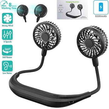 

Portable USB 5200mAh 4W 8Hour Working Rechargeable Neckband Sport Fan Lazy Neck Hanging Dual Cooling Fan