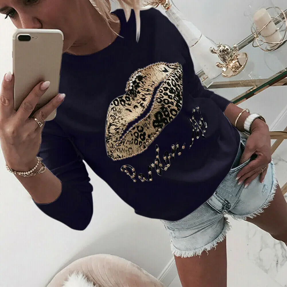 

Autumn New Fashion Womens Casual Lips Print Long Sleeve T Shirt Female O Neck Casual Autumn Tops Basic Tee Outfits Plus Size