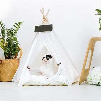 

White Lace Pet Tent Dog House Dog Bed Pet House Tent Wood Kennel Puppy Dog Cat Bed House with Mat Pet Supplies Pads