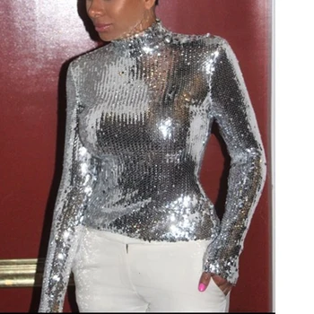 

Fashion Womens Clothing Sequin Shirt O-neck Long Sleeve Turtleneck Shirts Evening Casual Top Sparkly Tee Clubwear Woman Clothes