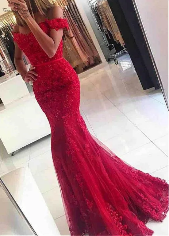 

Red Mermaid Evening Dresses 2020 Lace Appliques Beaded Sequins Off Shoulder Long Party Gowns Prom Dress Vestido De Festa