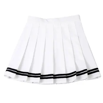 

Women Girl High Waisted Stripes Pleated A-Line Skirt with Safety Underpants Elastic Waistband Tennis School Cosplay Uniform