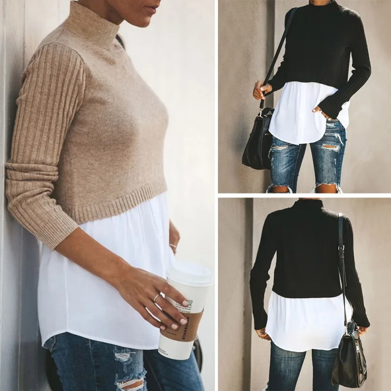 Women Tops Autumn Winter Solid Color Slim Long-Sleeved Outerwear Round Collar Bottom Button Knit Stitching Sweater Rk Women Tops Autumn Winter Solid Color Slim Long-Sleeved Outerwear Round Collar Bottom Button Knit Stitching Sweater Rk