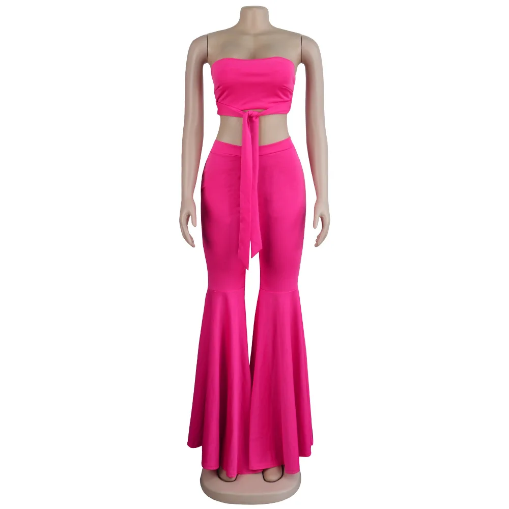 Pink HAOYUAN/комплект из двух предметов, Женская Осенняя праздничная одежда, укороченный топ и расклешенные штаны, костюм, сексуальные Клубные наряды на день рождения, комплект из 2 предметов - Цвет: Pink
