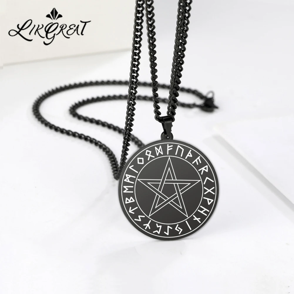 Powerful Pentacle Wicca Traditional Seal Solomon Pendant Necklace Vintage Style Pentacle Pentagram Stainless Steel Pendant Necklace for Men 