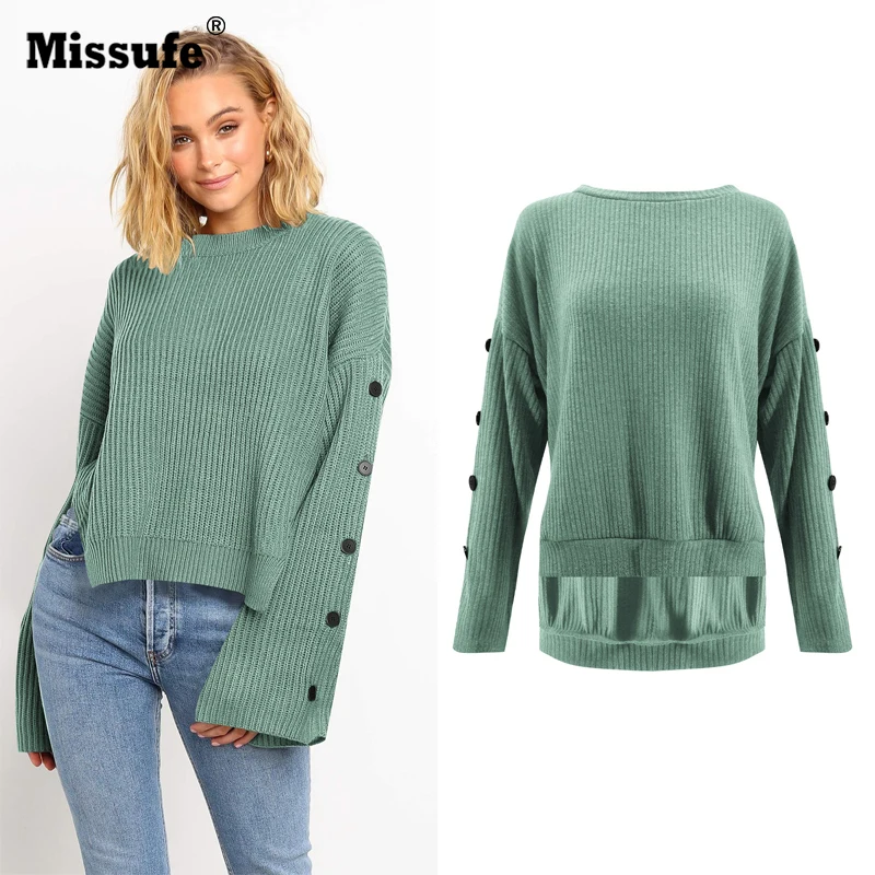 

Missufe Plus Size Womens Knitted Sweater Split Long Sleeve Loose Kint Sweater Ladies Tops Pullover Winter Knitted Jumper