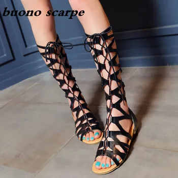 

Hot open toe high tube hollow strap flat bottom cross strap boots Roman summer shoes