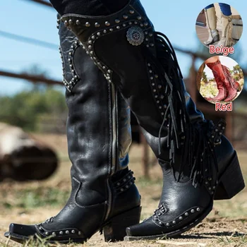 

Knee Womens High Boots Leather Riding Boots Western Cowgirl Boots Tall Boots Warm Pointed Toe Boots Fashion Ladies Boots