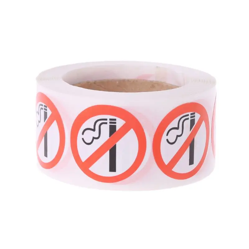 

500pcs/Roll 1" Inch No Smoking Warning Sticker Adhesive Labels Roll With Logo Round Decorations Warning Tag Mark For Public Car