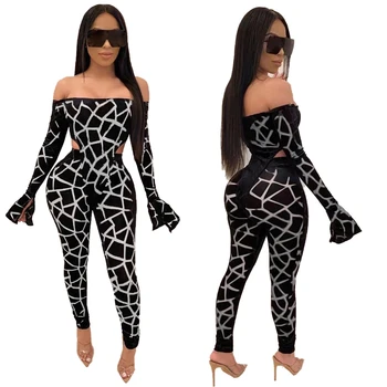

Geometric Print Sheer Mesh Two Piece Set Jumpsuit Flare Long Sleeve Slash Neck Bodysuit +Pencil Pants Night Club Matching Sets