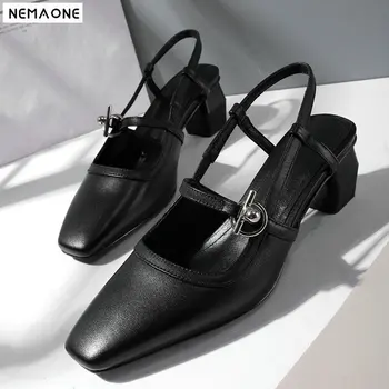 

Genuine Leather Fashion Slingbacks Women Pumps Square Toe Retro Style 6cm High Heel Women Shoes Buckle Summer Ladies Party Pumps