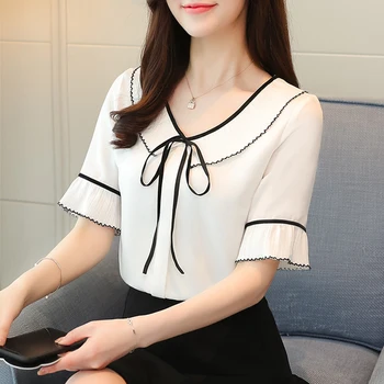 

COIGARSAM Short Sleeve blouse women New Summer Chiffon blusas womens tops and blouses White Pink Red Yellow Light Blue 9001
