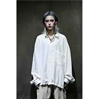 

Men's new style with side slit lace up oversize linen long sleeve shirt shirt shirt for lovers loose Batman shirt