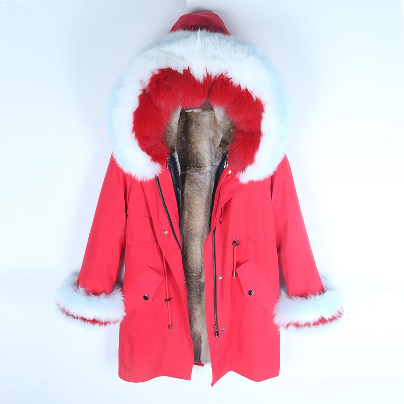 Winter Jacket Women Streetwear Natural Real Raccoon Fox Fur Collar Hood Thick Warm Outerwear rabbit fur liner Long Parka