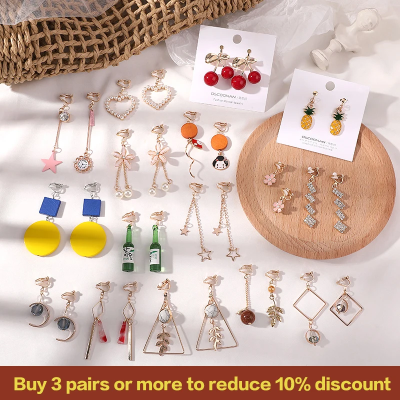 Hot Sale Korean Style Clip on Earrings Geometric Long Ear Clips for Fashion Girl Student Party Prom No Pierced Earring Gift