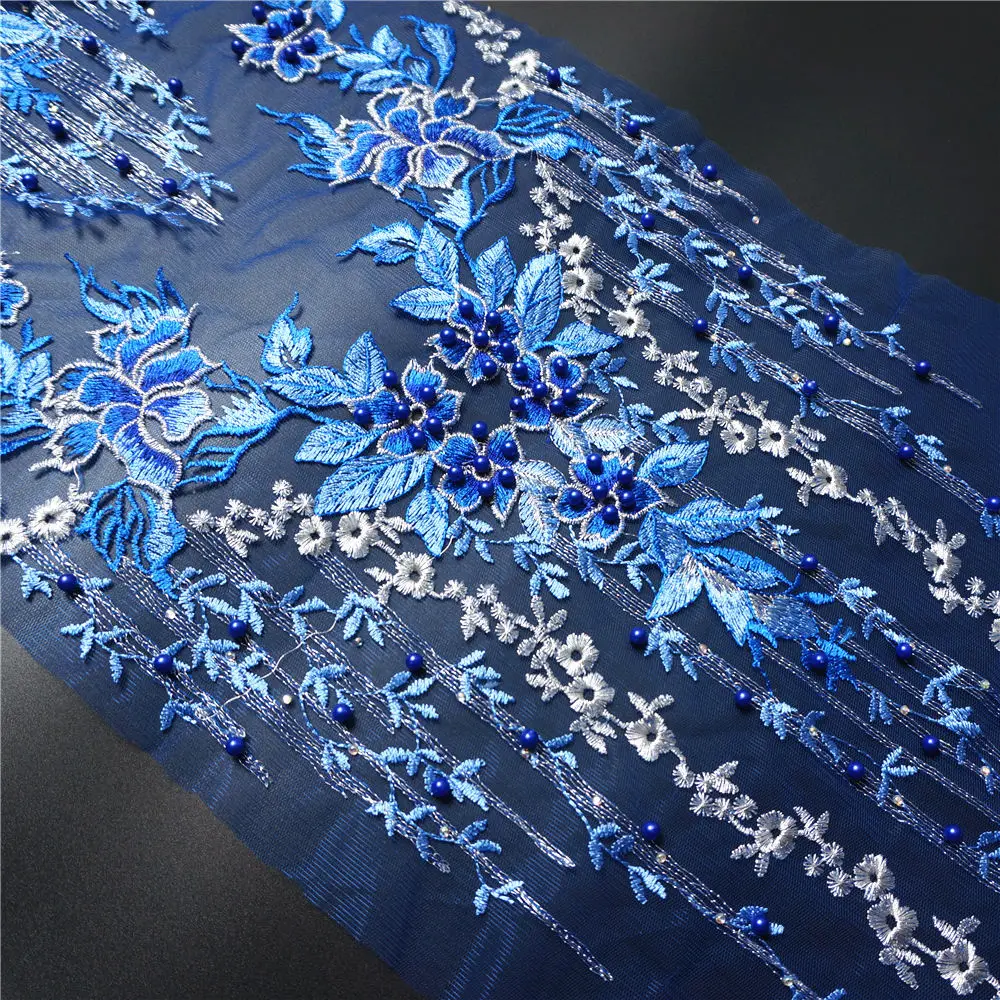 1 Set Royal Blue Lace Fabric Flower Tassel Beads Rhinestone Embroidered Wedding Gown Appliques Sew Patch For Dress DIY Decor