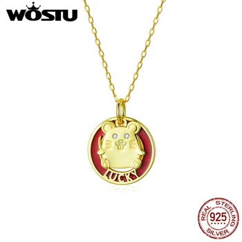 

WOSTU Genuine 925 Sterling Silver Lucky Rat Necklace Red Mouse Gold Color Enamel Long Chain Link For Women Jewelry Gift CQN386