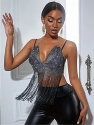 Srubí Top corto con borlas y diamantes de imitación para mujer, Top corto con corsé Halter, Top sin mangas para fiesta de verano, ropa de discoteca con Espalda descubierta, Top transparente para mujer