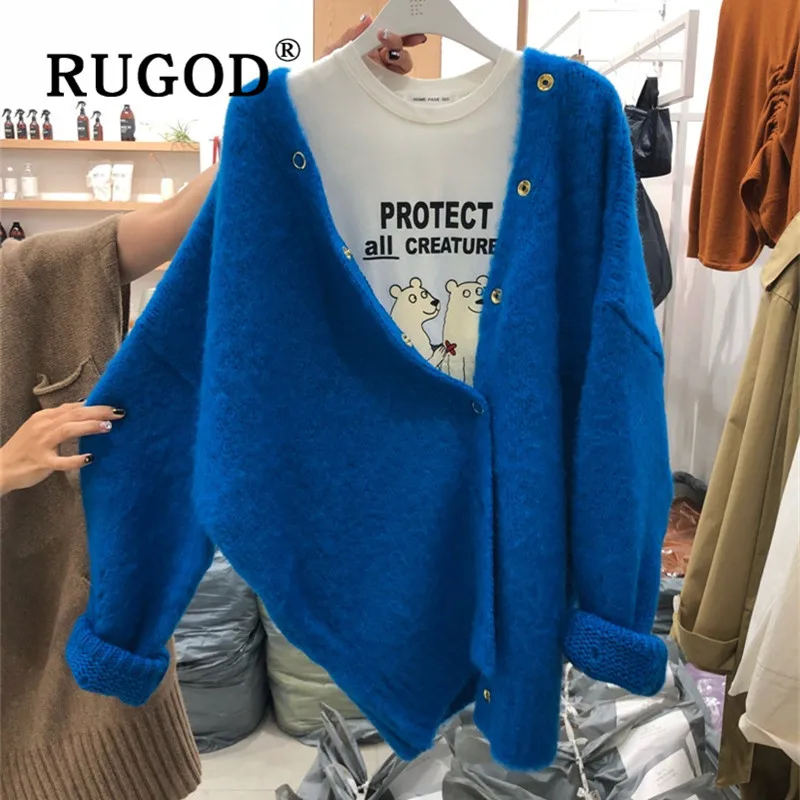 RUGOD, женский свитер, корейский стиль, v-образный вырез, однобортный, длинный рукав, милый, для девочки, пушистый свитер,, зимний джемпер
