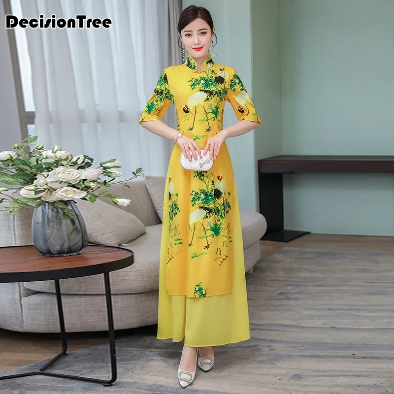 Женский шифоновый aodai вьетнамская традиционная одежда ao dai вьетнамские халаты и брюки цельный комплект женских платьев Улучшенный Чон - Color: color1