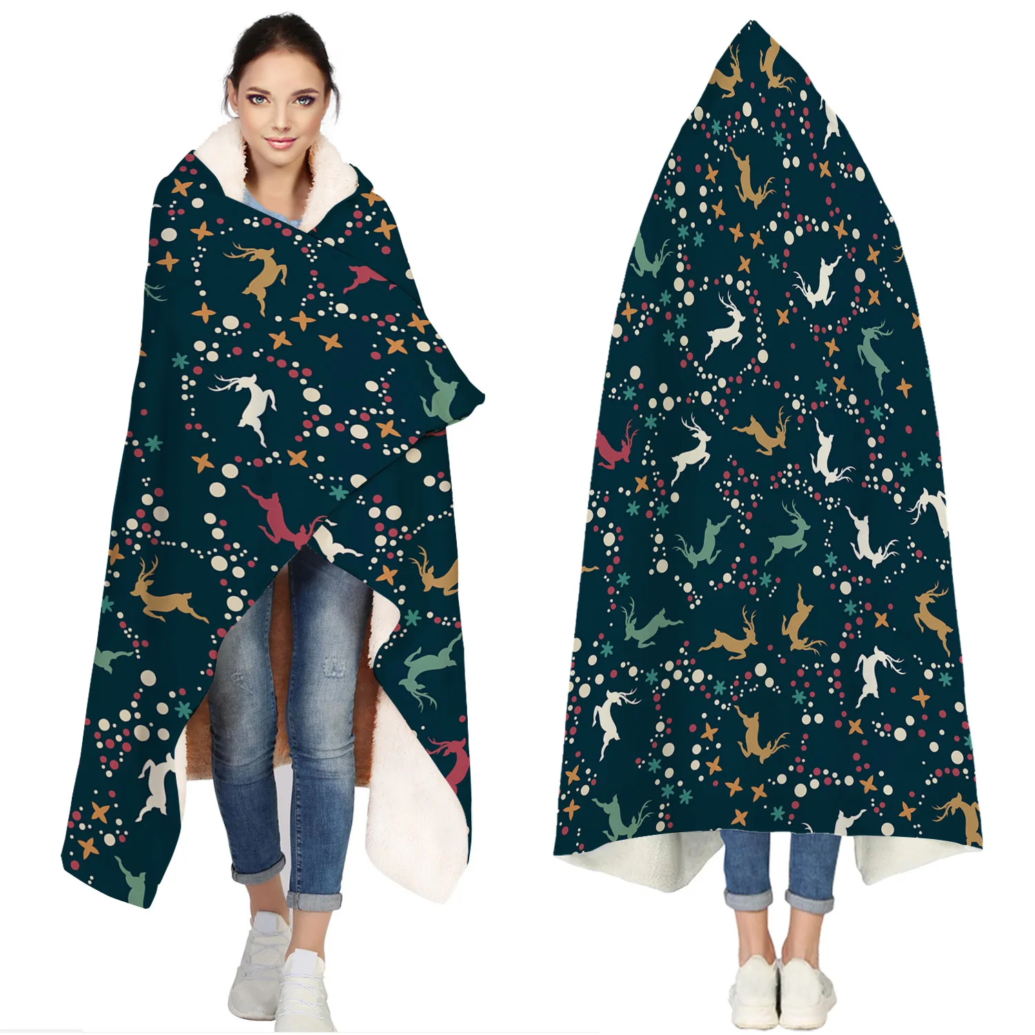 Christams Elk Portable Wearable Fluffy Custom Hooded Blanket Fleece