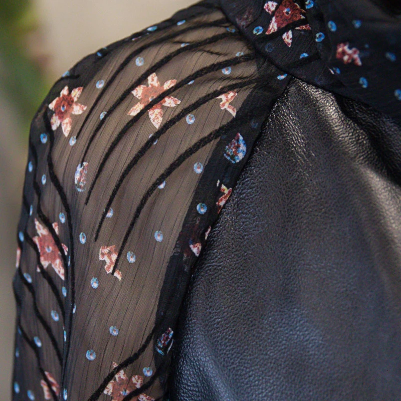 Steetwear женские свободные из натуральной овечьей кожи шифон сплайсированные овчины Женские однотонные черные с длинным рукавом с цветочным принтом модная блузка