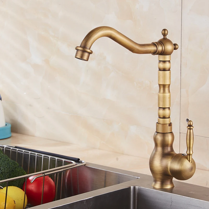 

Antique Brass Bathroom Basin Carved Faucet Long Nose Spout Wash Sink Tap 360 Rotation Single Handle Mixer Tap