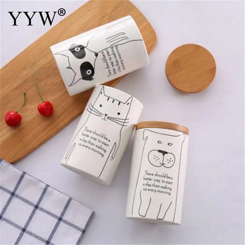 Cute Kitchen Storage Box With Wood Cover Animal Pattern Jars For Spices Slimes Sugar Bowl Cans For Storage Bank Candy Mason Jar