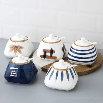 

Japanese Style Seasoning Jar Tank Ceramic Storage Jar with Lid Hand-painted Pattern Salt Sugar Can Pot Kitchen Accessories