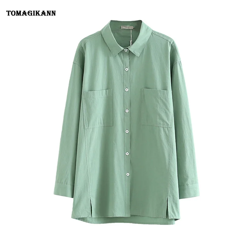 

Womens Washed Cotton Shirt Blouse Plus Size White Solid Pocket Back Buttons Womens Shirts 2020 Spring Loose 3XL Blouses Female