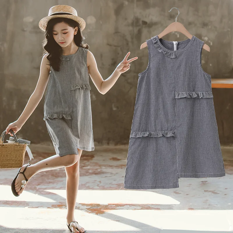 

New 2020 Casuals Plaid Long Blouses Baby Big Girls Ruffles Sleeveless Shirts Dresses Clothing Kids Cotton Summer Vest Dress 8 10