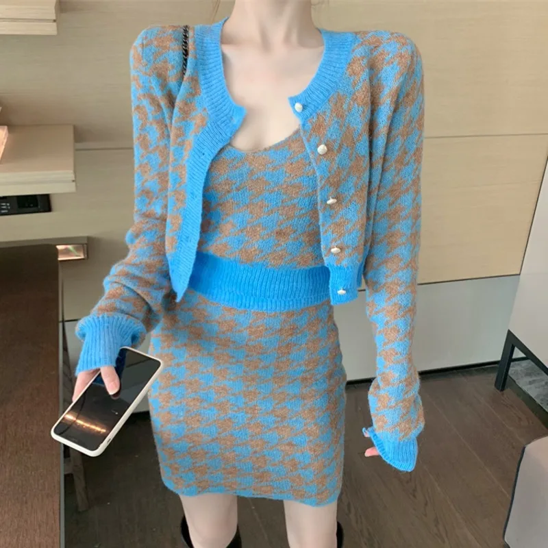 

Korean Sweet Knit Plaid Cardigans + Camisole + Skirts 3pcs Sets Girls Short Sweater Coat + Vest + Mini Skirt Suits Women Outfits