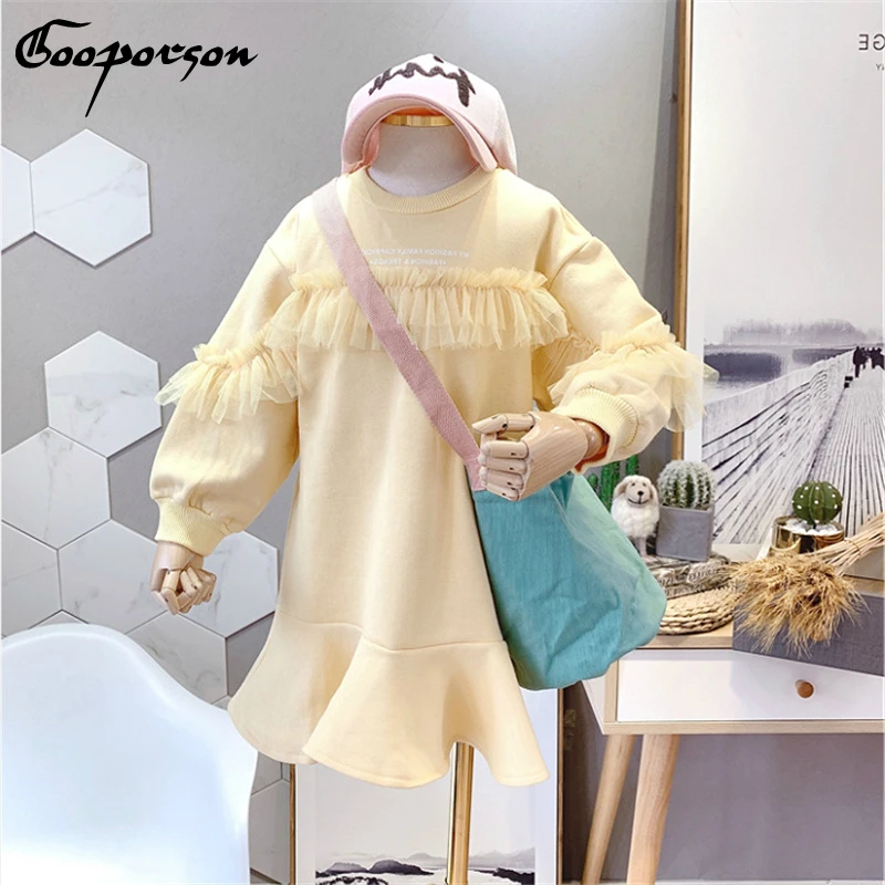 Kids Girls Long Sleeve Sweat-dress with Lace Spring Autumn Fashion Outfits for Baby Solid Pullover Shirt Dress Casual | Детская одежда