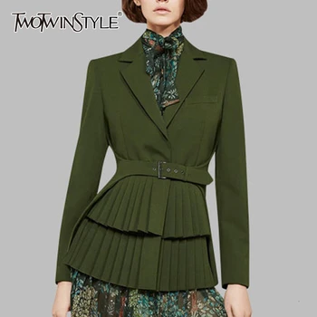 

TWOTWINSTYLE Slim Patchwork Pleated Women's Blazers Notched Long Sleeve High Wait Sashes Tunic Autumn Female Suits 2020 Fashion